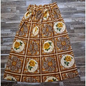 Vintage Pinch Pleated Curtain Panel 1970s Yellow Rose Brown Gold Medallion 24x47
